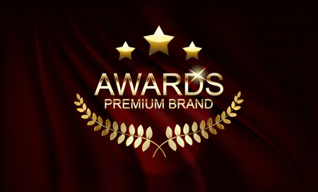 Golden award sign with laurel wreath and podium isolated on red curtain background.のイラスト素材