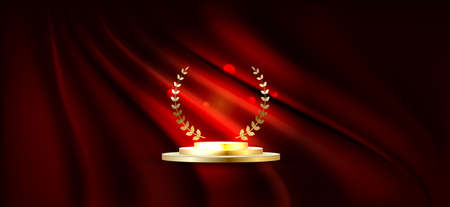 Golden podium for first place with laurel wreath. Gold rank on stage on red curtain background.のイラスト素材