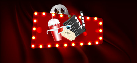 Theater sign or movie sign on curtain with spot light, frame.の写真素材