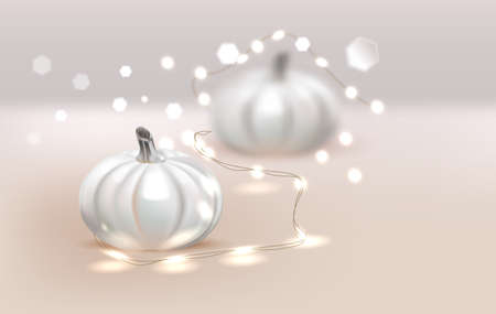 White realistic pumpkins and warm lights vector greeting card backgroundのイラスト素材