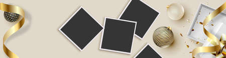 Horizontal banner for Christmas sales, with photo frames, golden gifts, balloons.のイラスト素材
