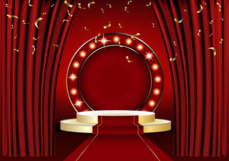 The red curtains are the porters of the theater stage, and the golden podium has three steps.のイラスト素材