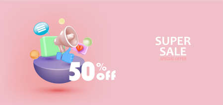 3D Sale gold design with megaphone. gift boxes and thumbs up hand.のイラスト素材