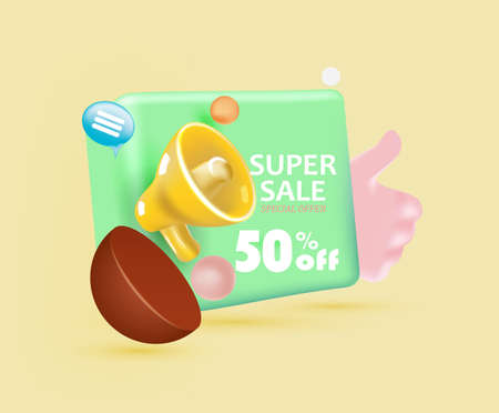 Mega Sale advertising banner concept with 3d bullhorn, promotion sale sticker, gift, social media icons.のイラスト素材