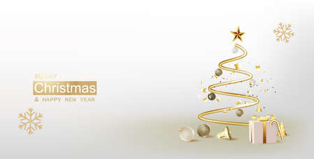 Abstract minimal christmas design, golden metallic cone spiral tree, with realistic holiday baubles round balls.のイラスト素材