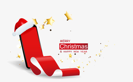 Christmas creative concept. Realistic 3d design template mobile phone, red sheet with phone screen, letter to Santa Claus. Wishlist and purchases for the new year. Xmas banner, advertising web poster.のイラスト素材