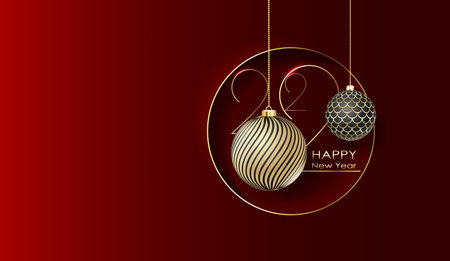 Happy new year 2022. White paper numbers with golden Christmas decoration and confetti on dark red e background. Holiday greeting card design.のイラスト素材