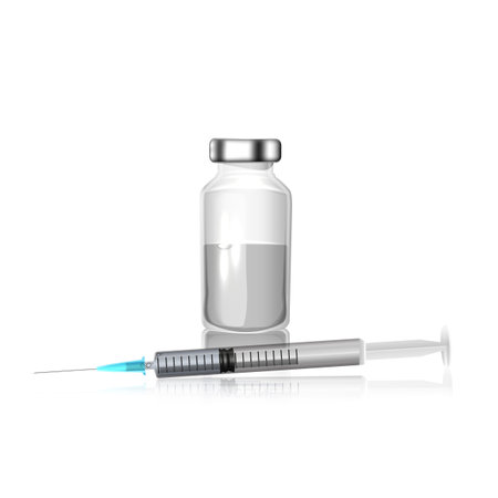 vaccine concept. Realistic medical glass vials with metal caps and syringe vector background with copyspace.のイラスト素材