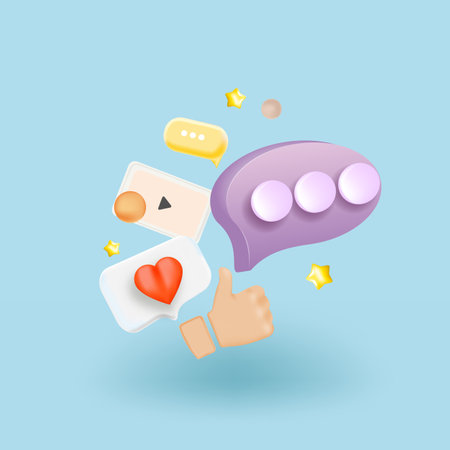 Blank Social network post surrounded with floating elements on blue background. Modern minimal design.のイラスト素材