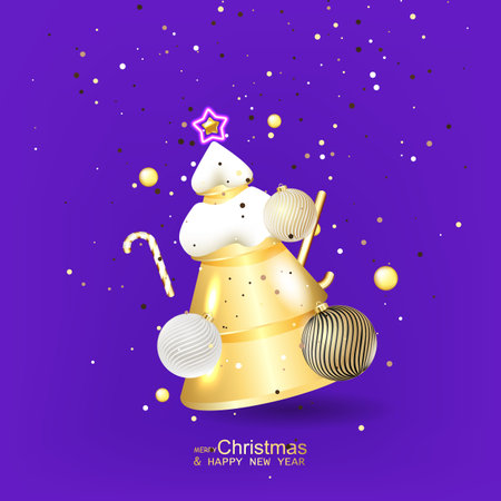 Merry Christmas and Happy new year. Realistic 3d design Christmas tree sparkling bright light garlands, golden star.のイラスト素材