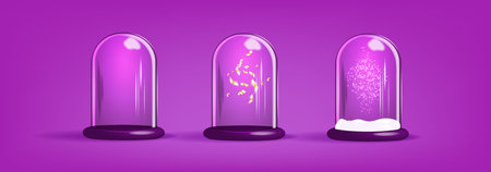 Set of Glass snow globe Christmas decorative design. Podium under transparent glass dome with white snowdrift, and glow garland.のイラスト素材