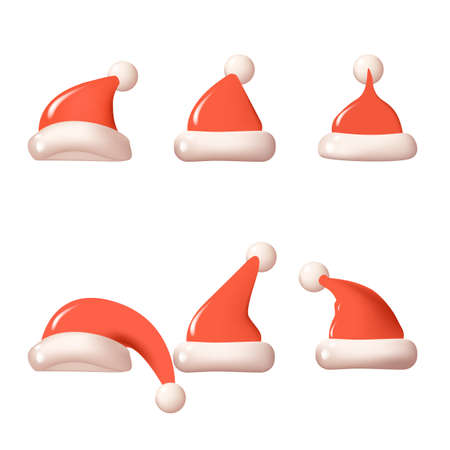 Realistic 3d Detailed Red Santa Hats Set Symbol of Season Holiday and Winter Celebration .のイラスト素材