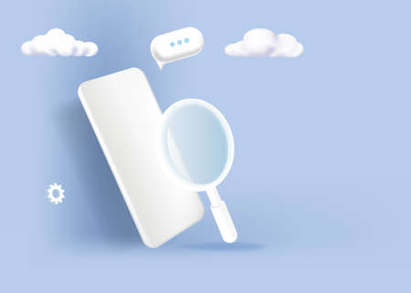 3d search template in mobile. With a magnifying glass on an empty mobile phone.のイラスト素材