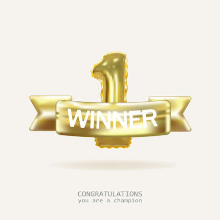 A golden balloon in the form of a number one, and a ribbon with the text winner.のイラスト素材