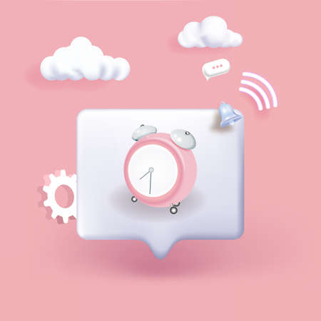 3d illustration of a pink alarm clock with two bells in the air, isolated on a pink background with a notification bell.のイラスト素材