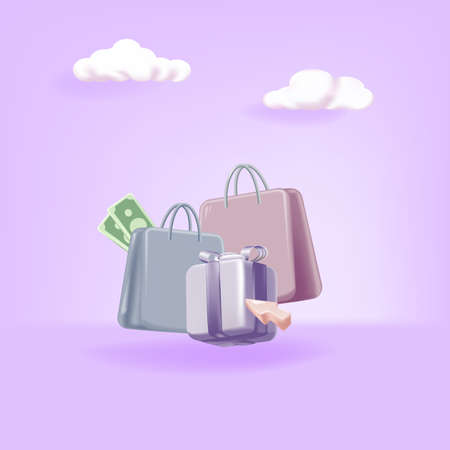 Banner for online shopping with 3d realistic gifts and gift bags for valentines day, new year, and other holidays isolated on purple background.のイラスト素材