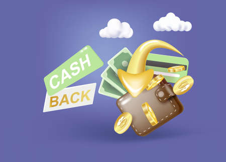 vector cash back icon with coins and wallet isolated on blue background.のイラスト素材