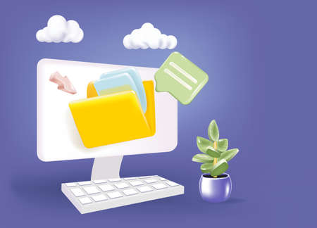 File transfer concept. Yellow folder with document on computer monitor. 3d vector illustration.のイラスト素材