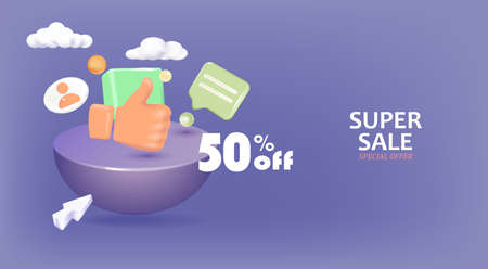 3D Sale purple design with thumbs up hand. Text 50 percent discount.のイラスト素材
