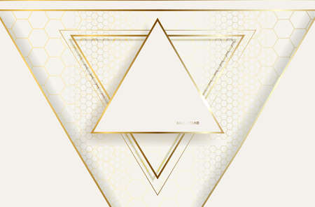 Golden lines triangular shape with sparkling lights, 3d style luxury background, vector illustration scene design.のイラスト素材