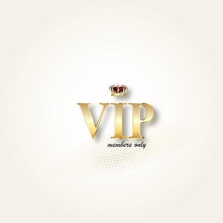 Golden symbol of exclusivity, the label VIP. Very important person - VIP icon with effect of glass reflection, sign of exclusivity with bright, Golden glow. Template for vip banners or cardのイラスト素材