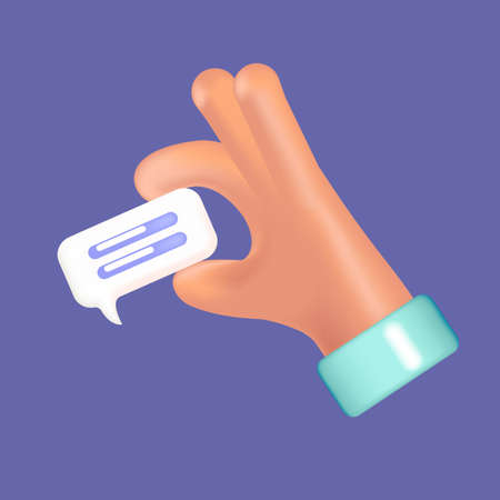 Vector 3d hand receive message with blue chat bubble, isolated on white background.のイラスト素材
