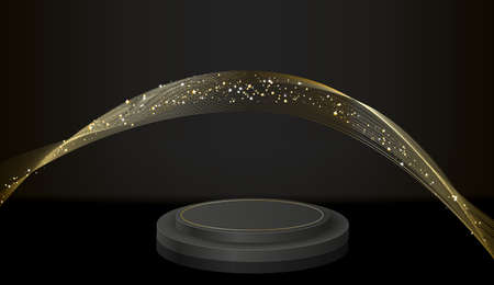 Minimal black scene with golden lines. Cylindrical gold and black podium on a black background.のイラスト素材