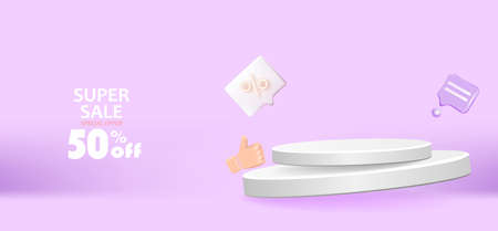 Discount creative composition. 3d sale symbol with decorative objects podium and gift box. Sale banner and poster. Vector illustration.のイラスト素材