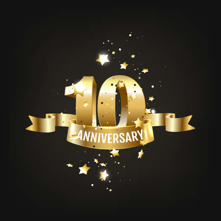 Anniversary 10. gold 3d numbers. Poster template for Celebrating 10th anniversary event party.のイラスト素材