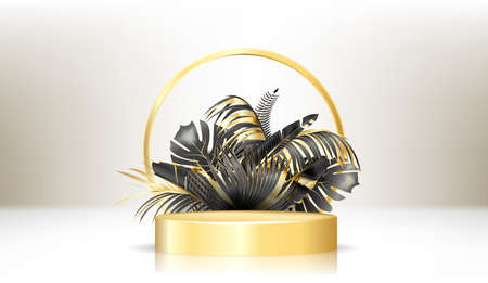 3d realistic gold pedestal on a white background with golden elements and palm leaves. Empty space design luxury mockup scene for product.のイラスト素材