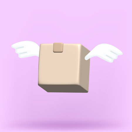 3D vector cardboard box with wings, brown delivery package icon, flying closed paper shipping container.のイラスト素材