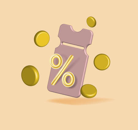 3d render discount coupon with percentage sign with coins. Voucher card cash back template design.のイラスト素材