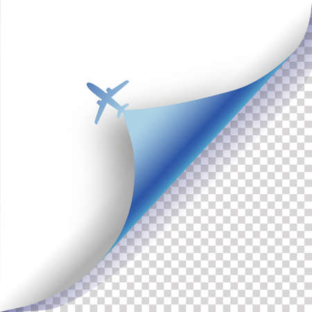 Plane turning page vector illustration. Airplane curling corner of the sheet of paper advert concept.のイラスト素材