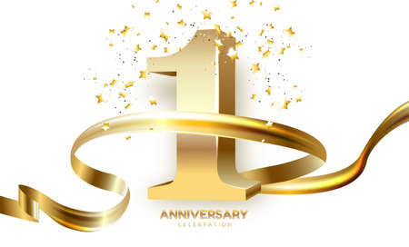 1th Anniversary celebration. Gold numbers with glitter gold confetti, serpentine.のイラスト素材