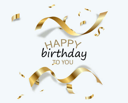 Vector happy birthday illustration on white background with 3d realistic golden text and glitter confetti.のイラスト素材