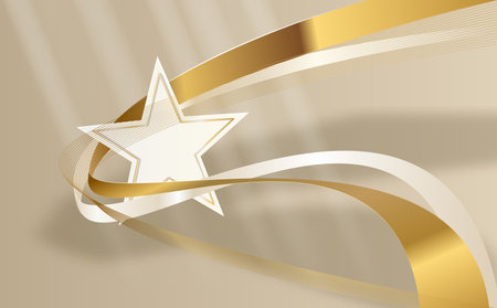 Award ceremony background with 3d gold star and ribbon element and glitter light effect decoration.のイラスト素材