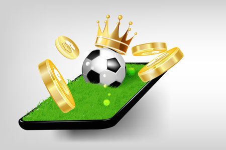 Mobil phone with soccer ball, gold crown and falling coins on a white background.のイラスト素材