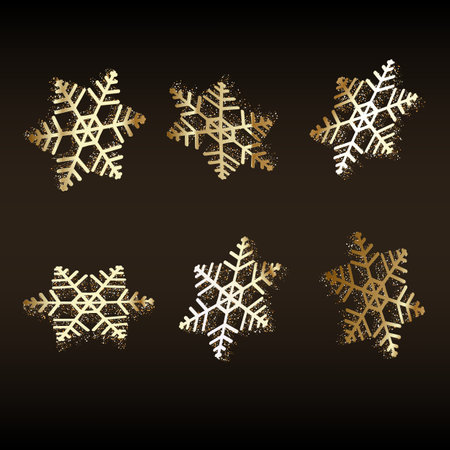 Shining gold snowflakes on dark background. Christmas and New Year background.のイラスト素材