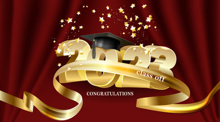 Vector illustration. Class of 2023 badge design template in black and gold colors. Congratulations graduates 2023 banner.のイラスト素材