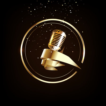 Golden old vintage microphone icon. Radio station banner.のイラスト素材