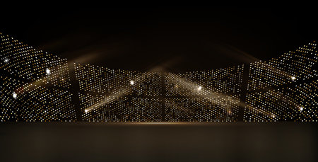 Golden stadium lights with rays, on a dark background.のイラスト素材