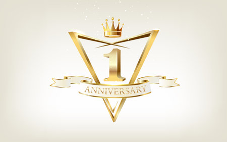 1th Anniversary celebration. Gold numbers with glitter gold confetti, serpentine.のイラスト素材