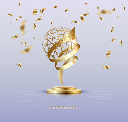 Golden champion cup isolated on white background. Vector realistic 3d illustration. Championship trophy with glittering confetti particles. Sport tournament award. Victory conceptのイラスト素材