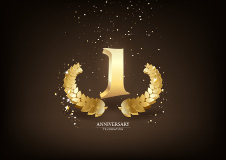 1th Anniversary celebration. Gold numbers with glitter gold confetti, serpentine. Festive background.のイラスト素材
