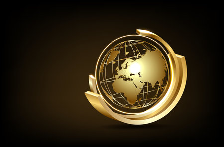 Abstract golden planet earth. World map. Space view. Low poly style design. Geometric background.のイラスト素材
