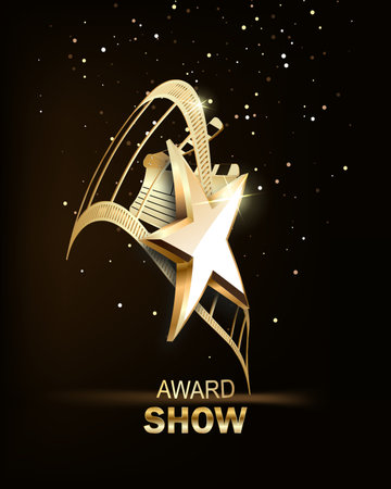Film stripes reels realistic composition with light glows and golden figurine award with clapper and bobbin vector illustrationのイラスト素材