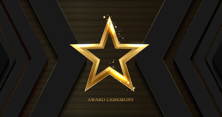 Golden 3d star on black modern background. Luxury award banner with stars.のイラスト素材
