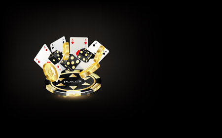 Online casino, black banner with welcome bonus, button, gold casino playing cards, dice and poker chips on gold podium with yellow neon ring on backgroundのイラスト素材