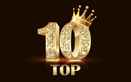 Top 10 award emblem. Golden award logo with laurel wreath and crown on black background. Vector illustration.のイラスト素材