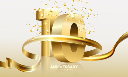 Anniversary 10. gold 3d numbers. Poster template for Celebrating 10th anniversary event party. Vector illustrationのイラスト素材
